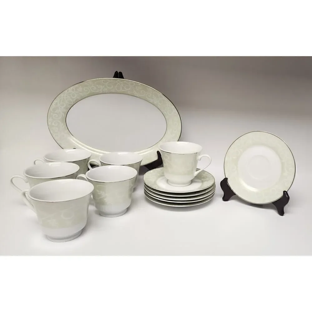 JCPenney Chris Madden Chambour Green White Silver Cup & Saucer/ Platter